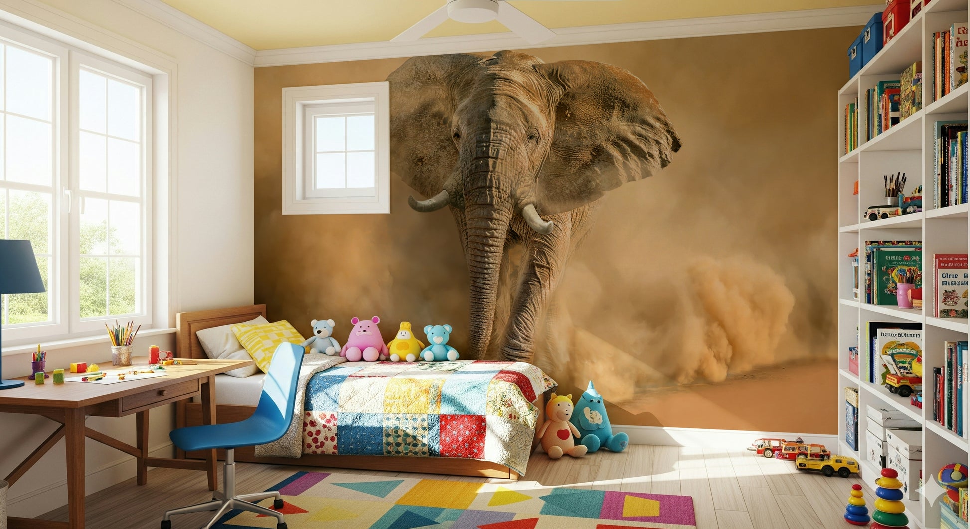 Wall mural with swirling dust patterns evoking desert winds and dynamic movement.