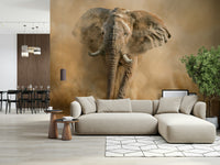 Wall mural depicting a charged dust storm with swirling earthy brown and beige tones.