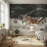 Playful Tiger Cubs Wall Mural – Energetic mural showing young tigers at play amid soft snowdrifts.