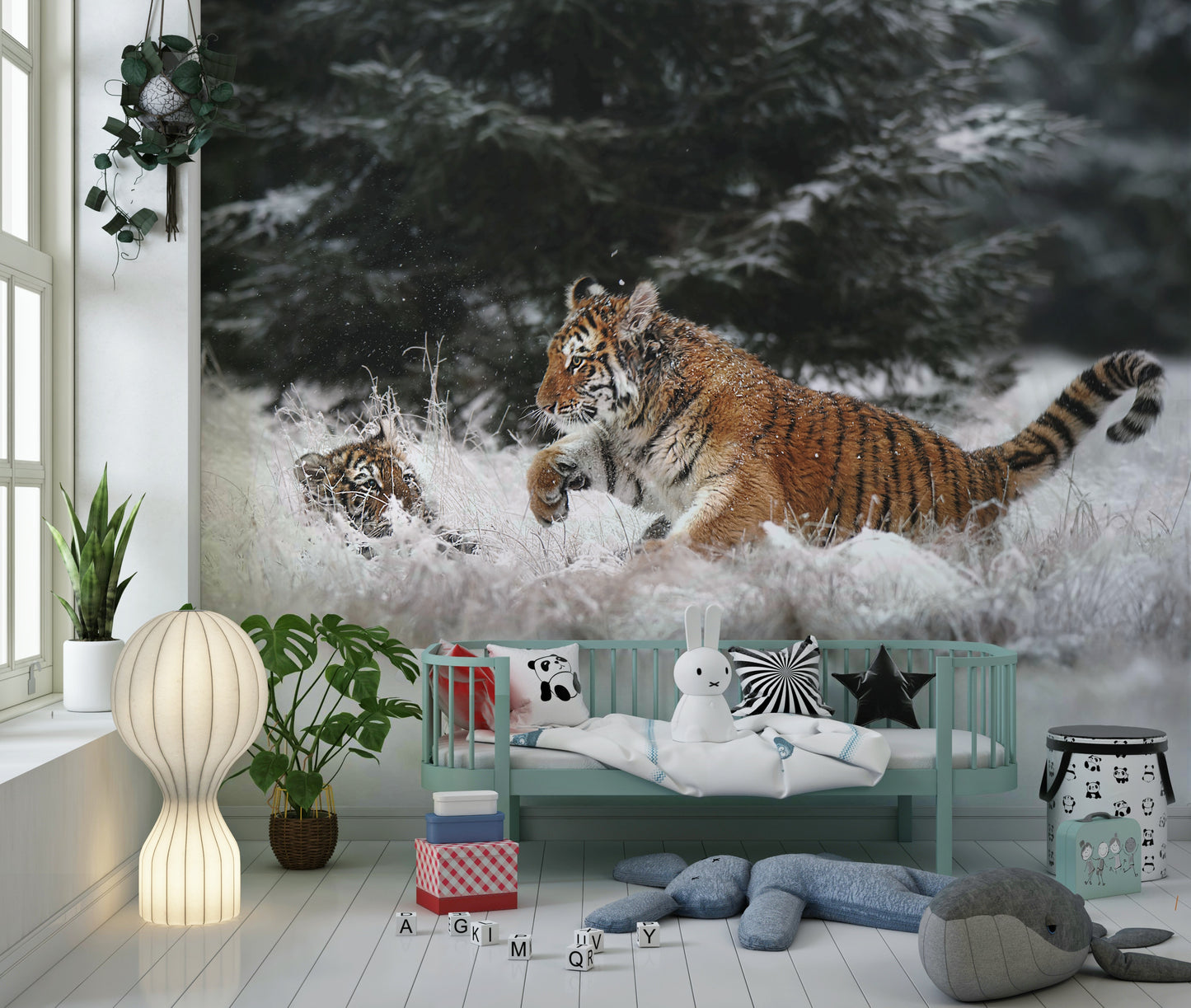 Snowy Tiger Cubs Wall Mural – Winter-themed mural with tiger cubs exploring and playing in a snowy environment.