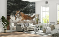 Tiger Family Wall Mural – Adorable tiger cubs interacting in a winter landscape for a heartwarming wildlife scene.