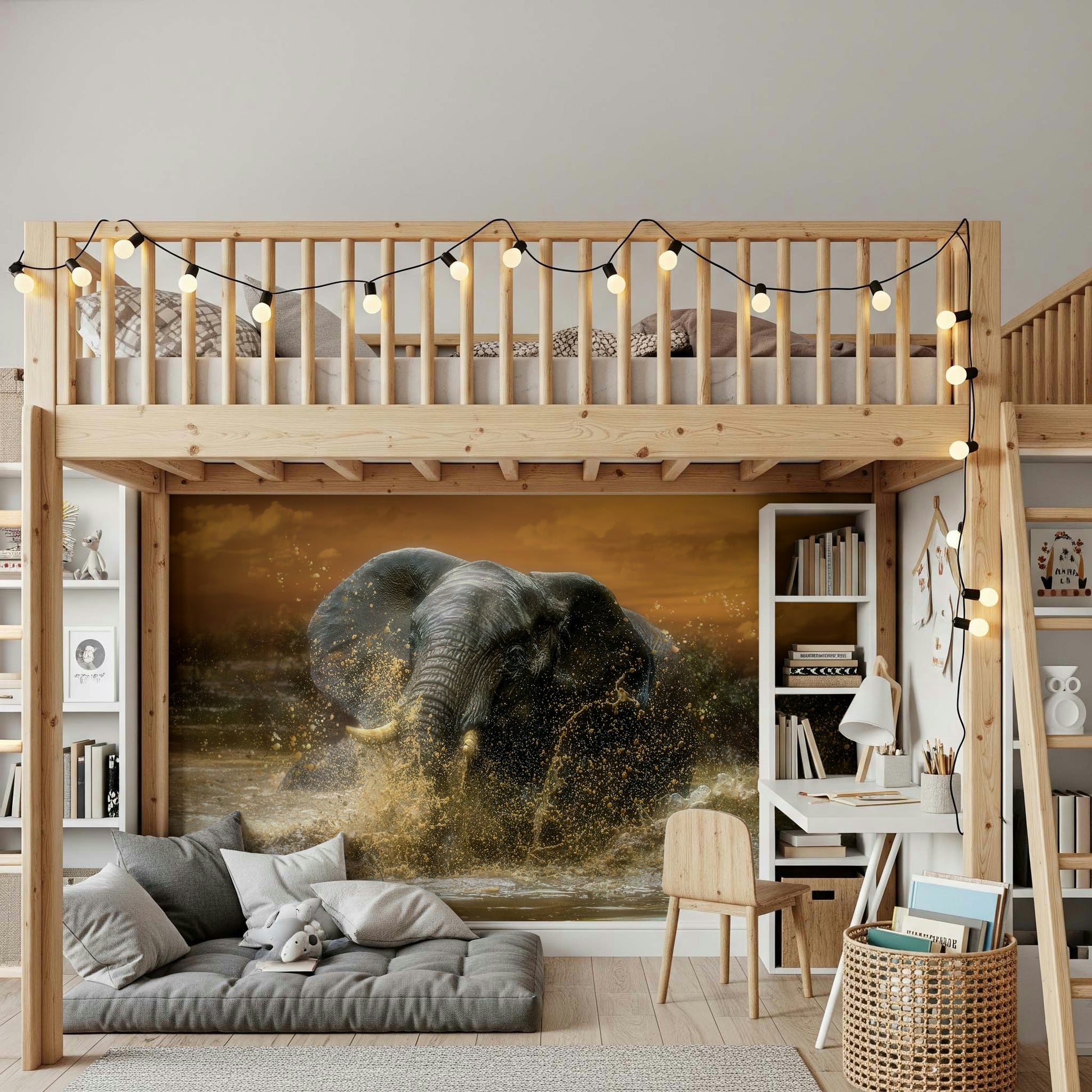 Wildlife Action Wall Mural – Dynamic depiction of elephants mid-plunge with water splashing around them.
