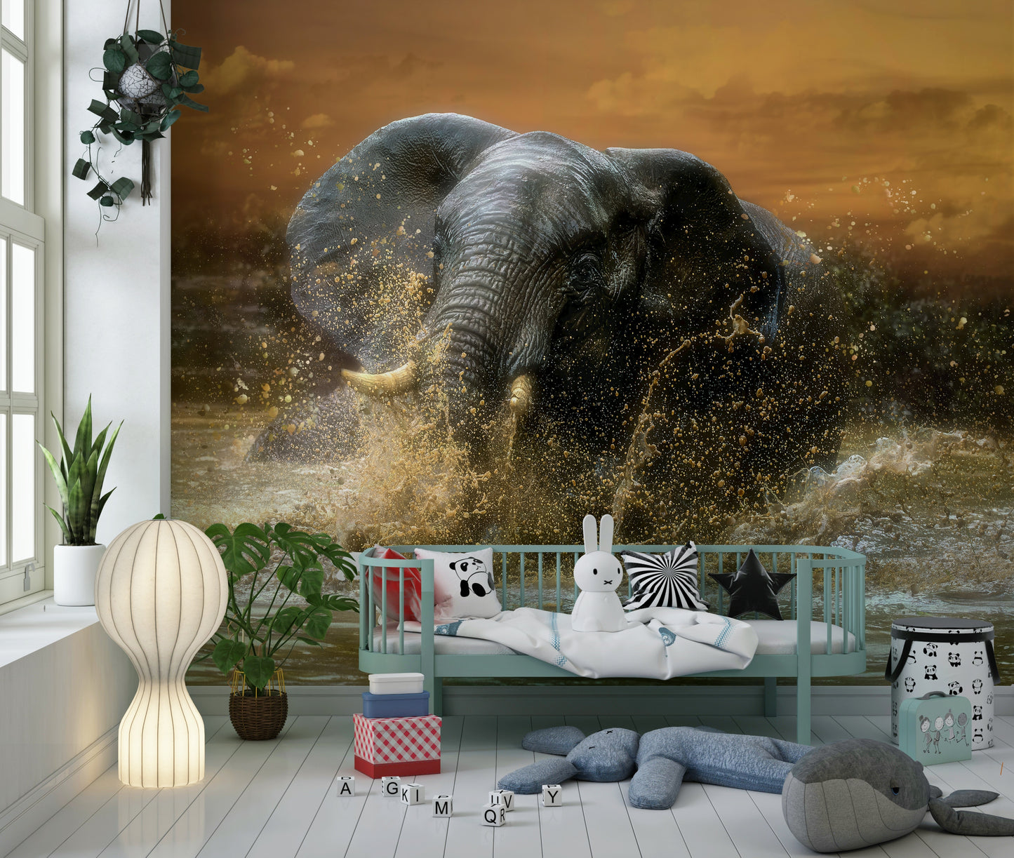 Elephant Splash Wall Mural – Artistic mural capturing movement, energy, and the charm of elephants in water.