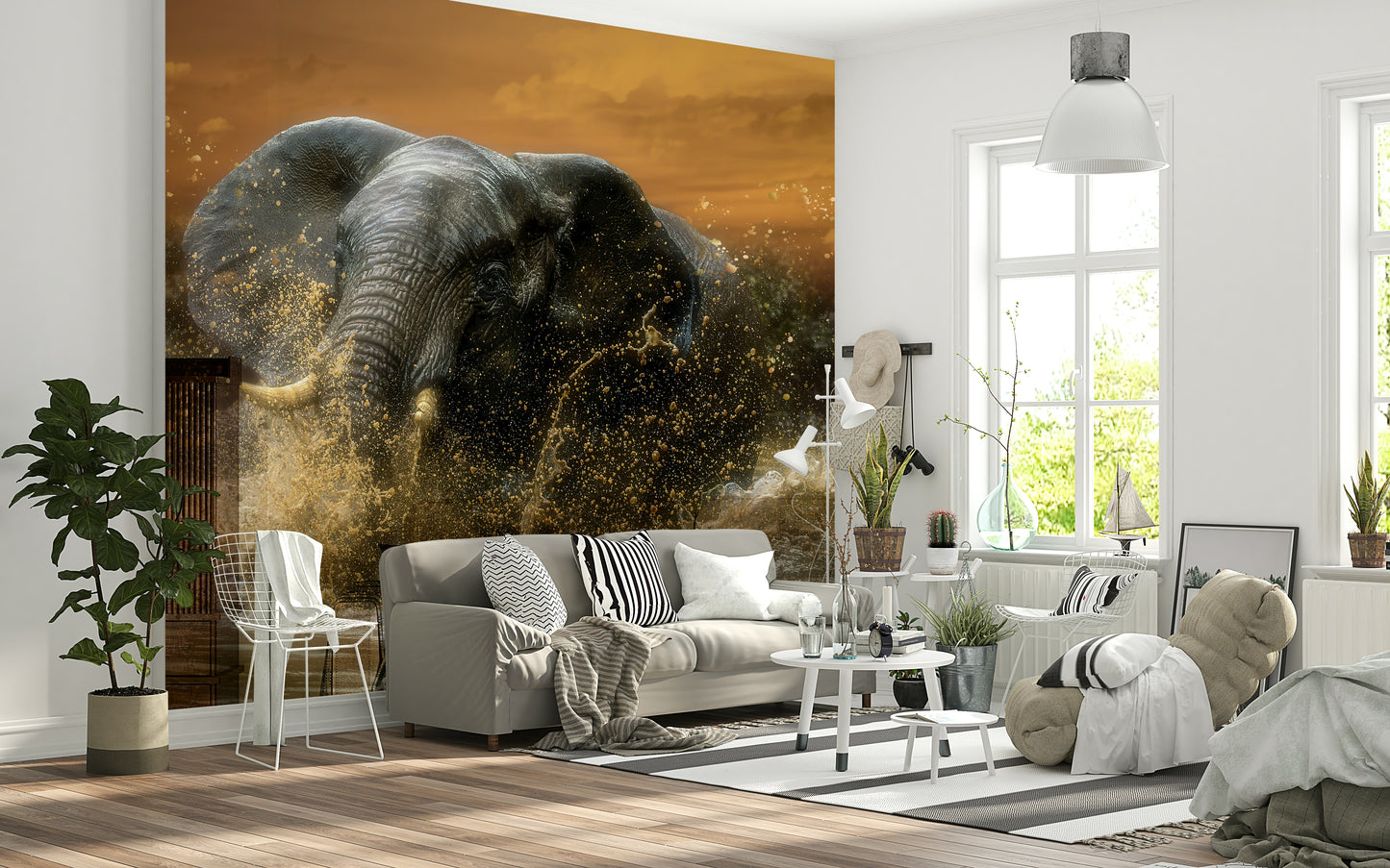 Elephant Habitat Wall Mural – Detailed mural of elephants in their natural water environment for an immersive wall feature.