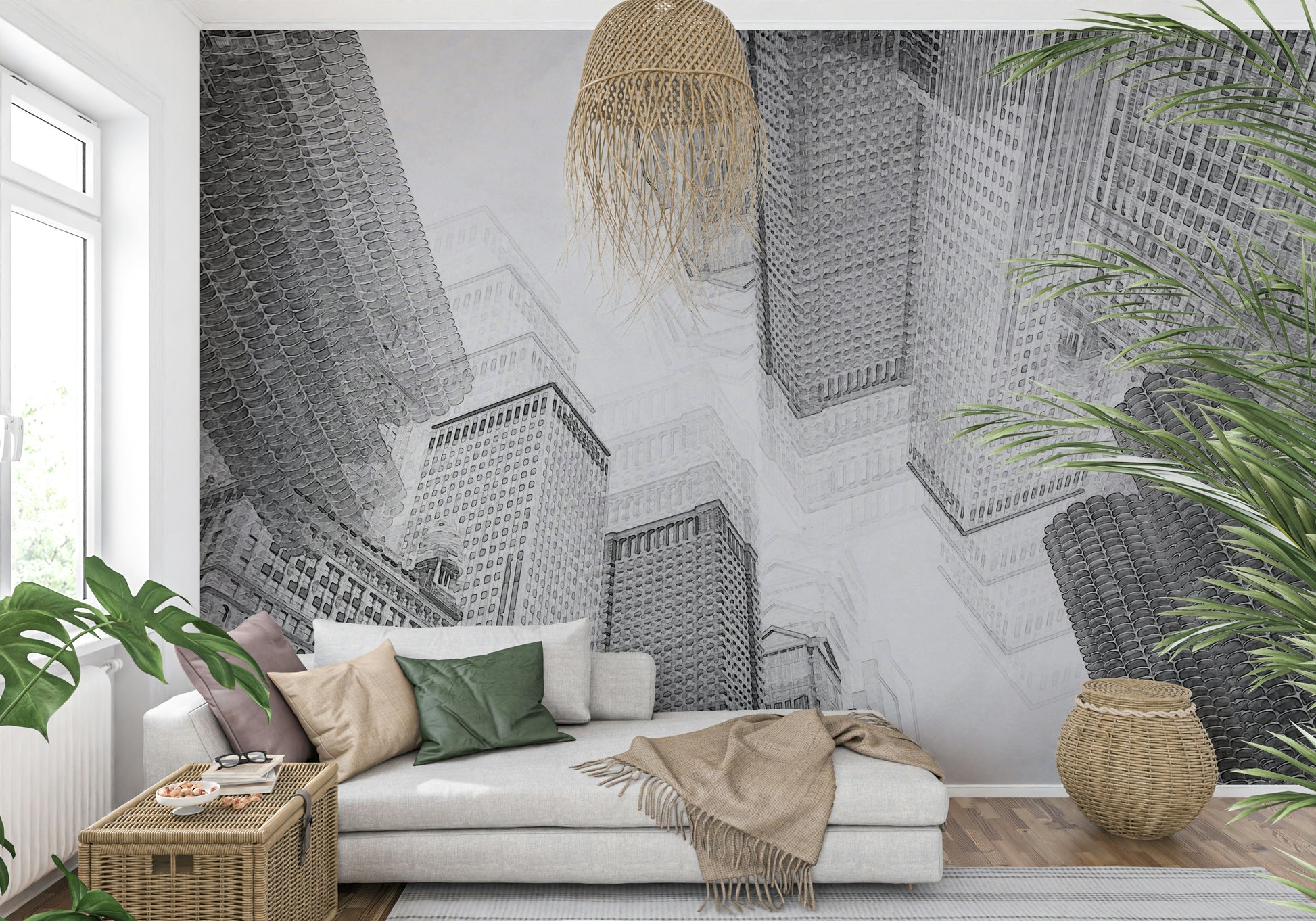 Minimalist city mural featuring linear sketch design for stylish home decor.