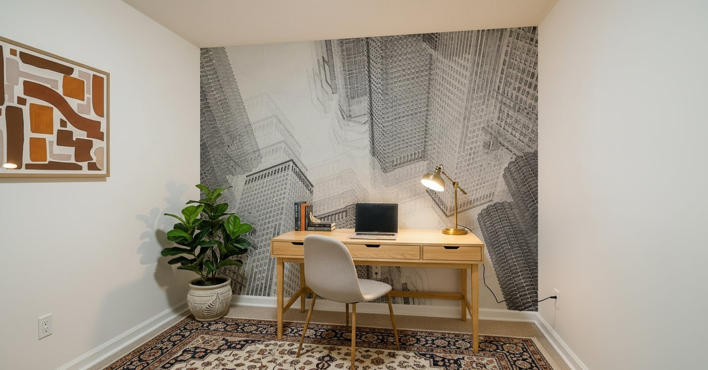 City skyline wall mural in sketch style adding a creative, modern touch to walls.