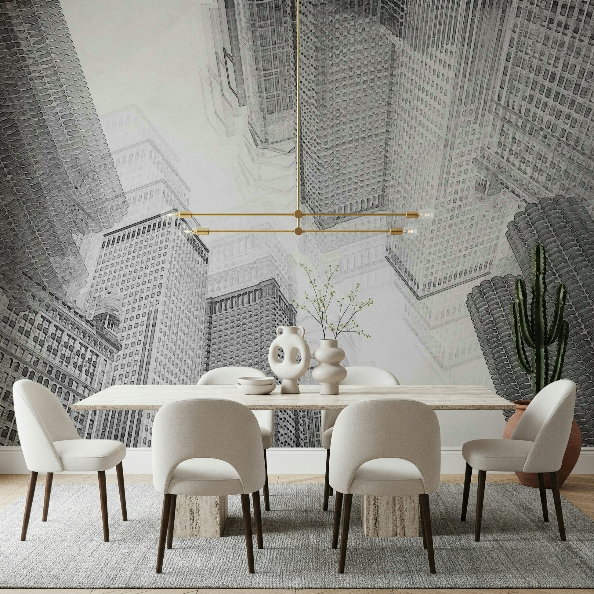 Urban sketch wall mural capturing city energy with artistic simplicity.