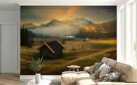 Wall mural featuring a quaint alpine hut with soft dawn sky and scenic mountains.