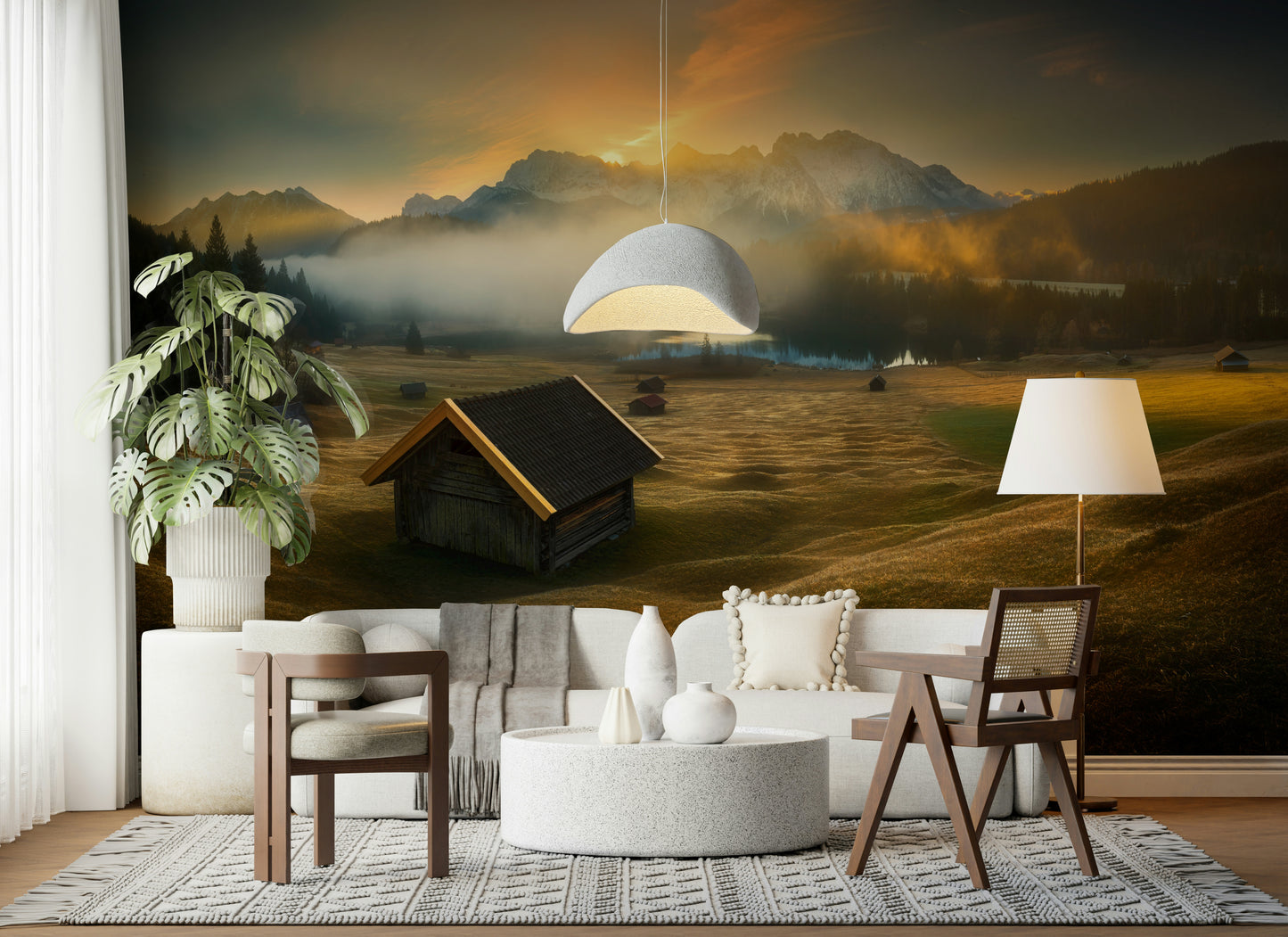 Alpine Dawn Hut Wall Mural featuring a cozy mountain hut at sunrise in alpine scenery.