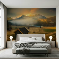 Alpine Dawn Hut mural with misty peaks and warm early morning tones.