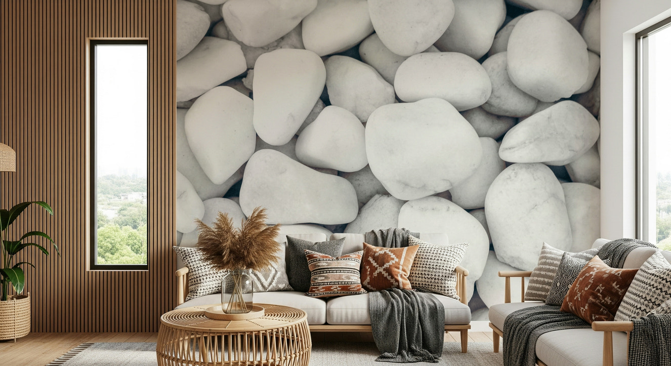 White Pebble Dream Wall Mural featuring smooth white pebbles for a serene, natural look.