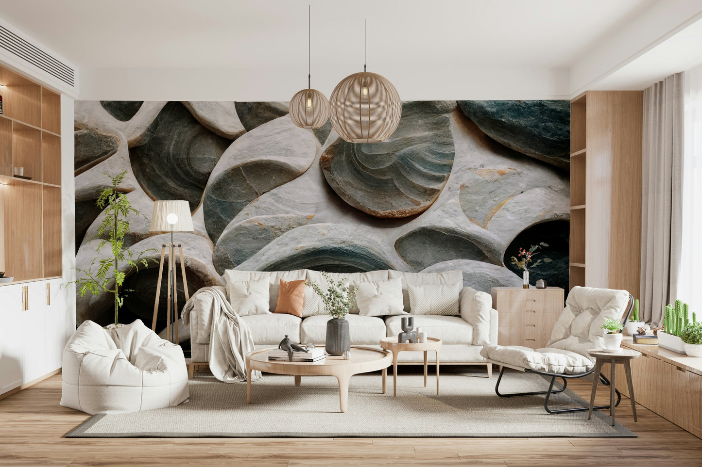 Sculpted Stone Wall Mural with textured, natural stone pattern for modern decor.