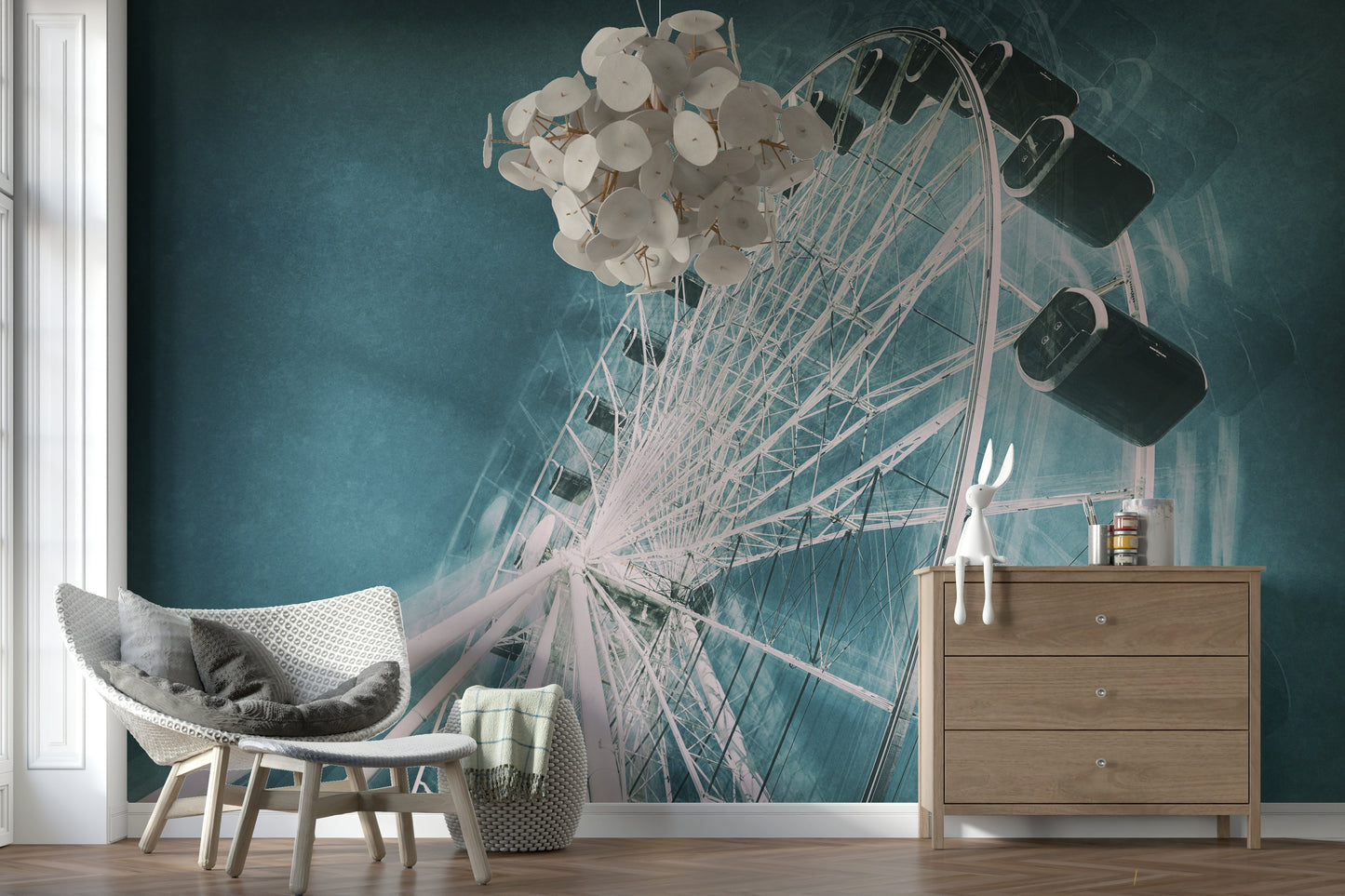 Whimsical mural of a Ferris wheel gazing into soft, colorful skies.