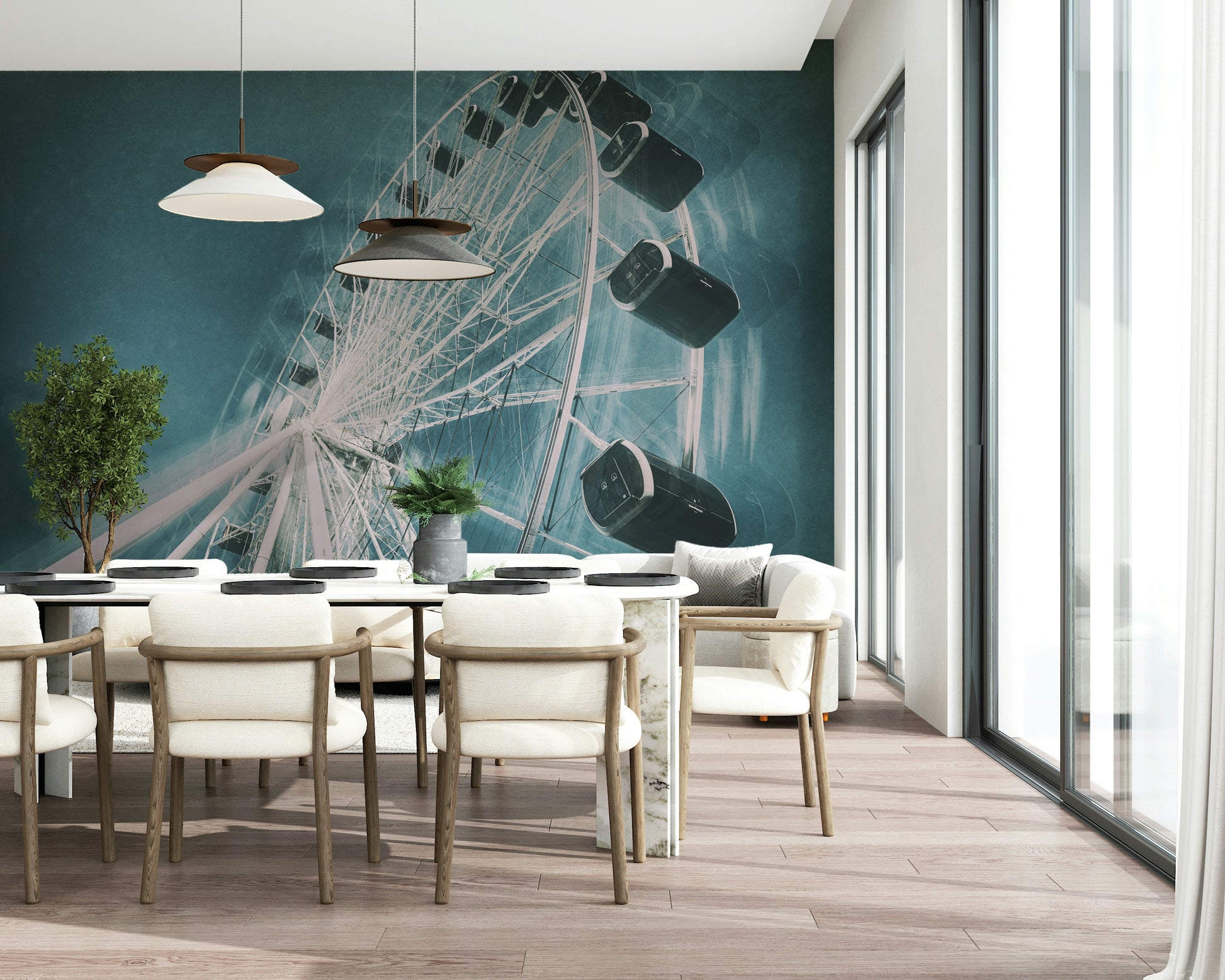 Artistic Ferris wheel wall mural capturing fun and nostalgic moments.