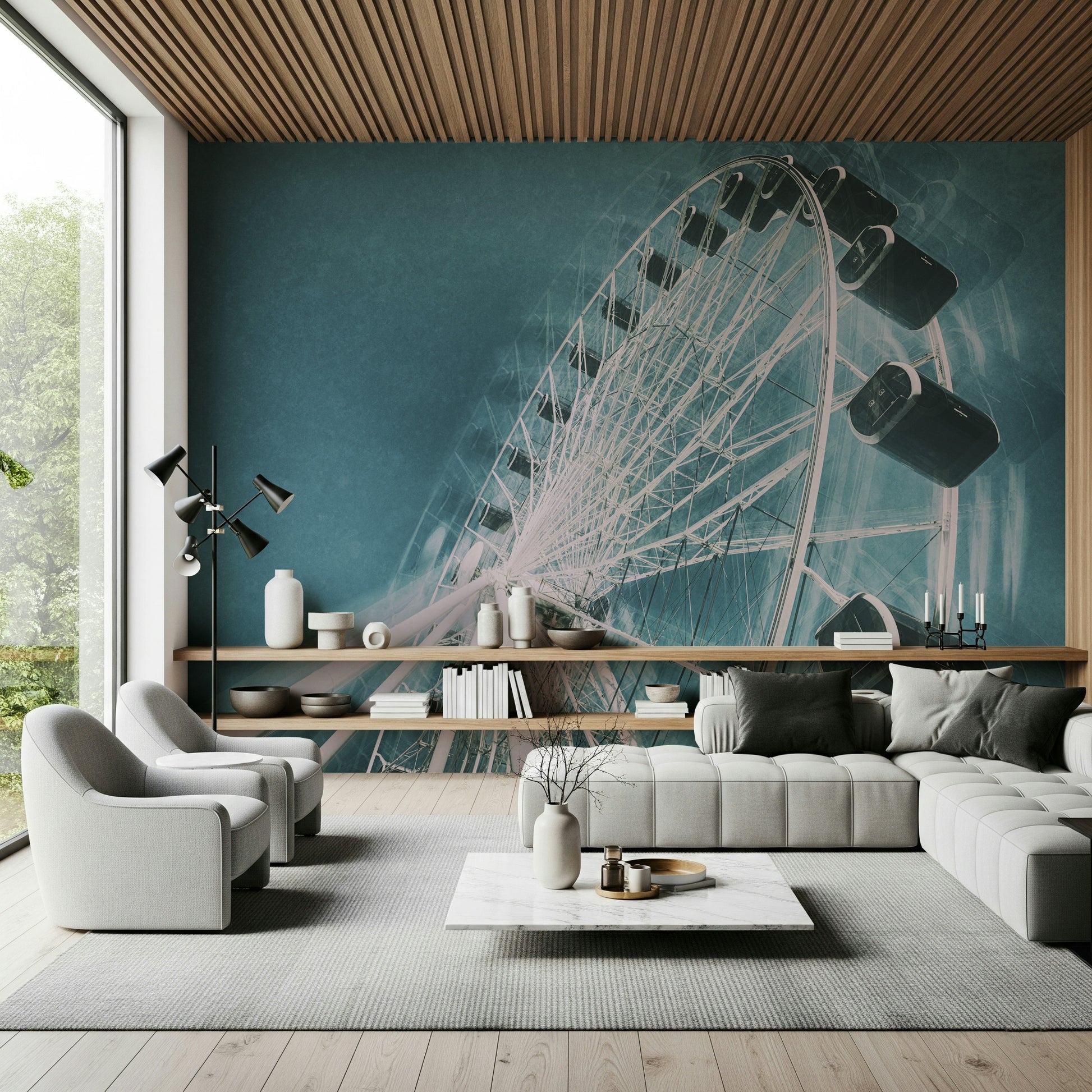 Amusement park-themed wall mural with a Ferris wheel and soft sky tones.