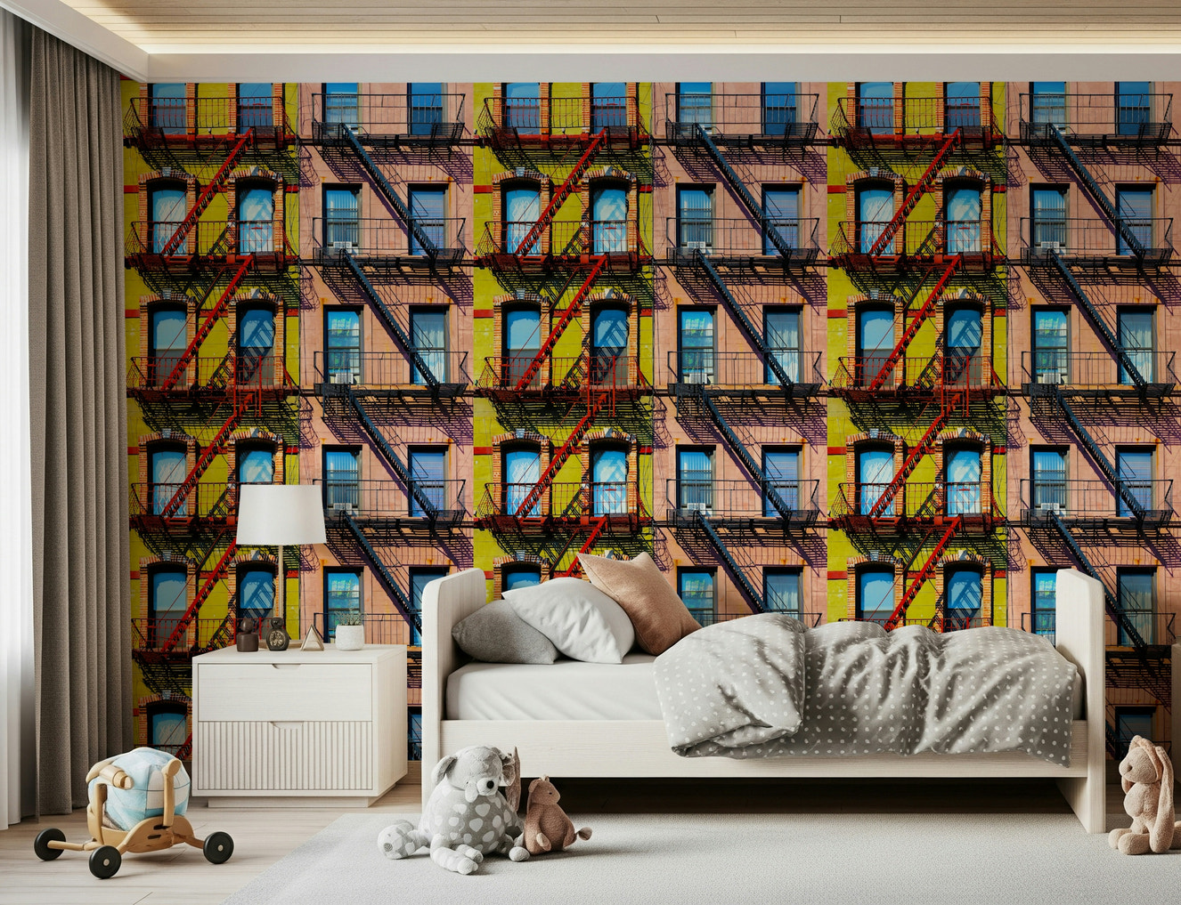 City Rhythm Wall Mural featuring a dynamic urban skyline with abstract city patterns.