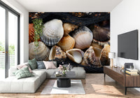 Artistic coastal mural with seashells and marine life for a relaxing home decor.