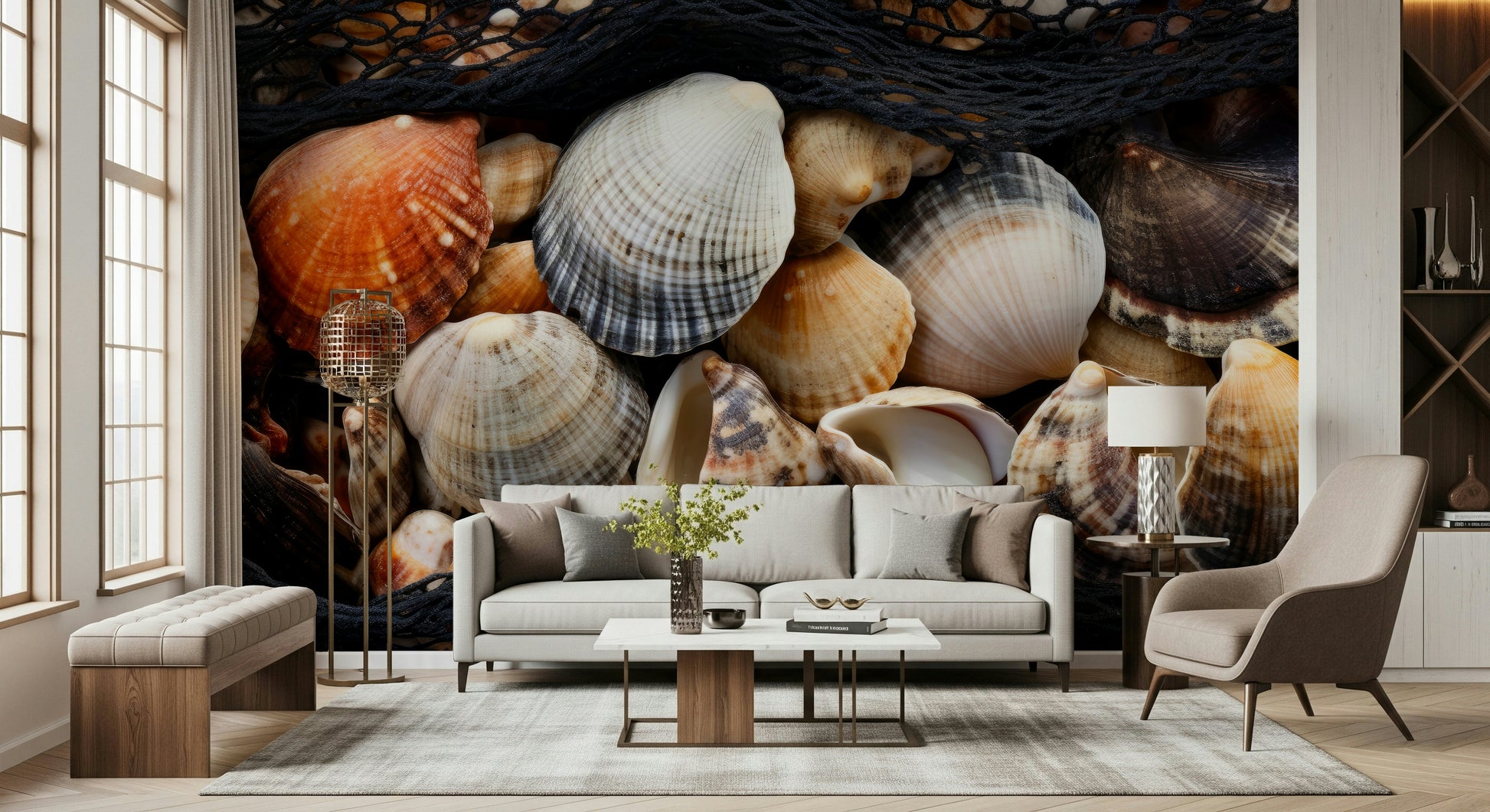 Coastal Treasures Wall Mural featuring seashells, starfish, and ocean-inspired elements.