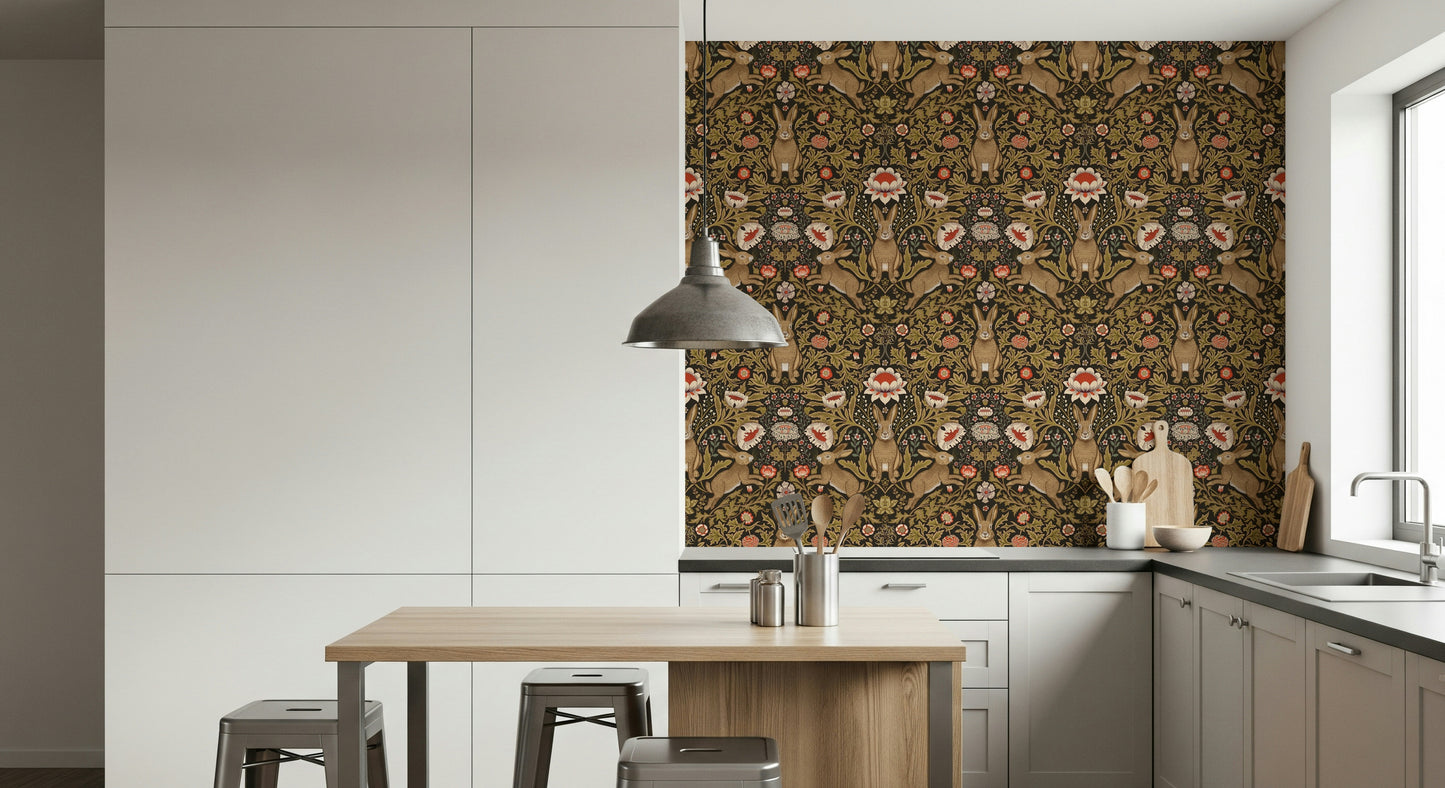 Playful wallpaper featuring hares hopping through vibrant flower blooms.