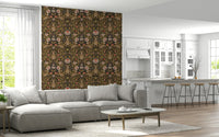 Artistic floral wallpaper with cute hare motifs and colorful blossoms.