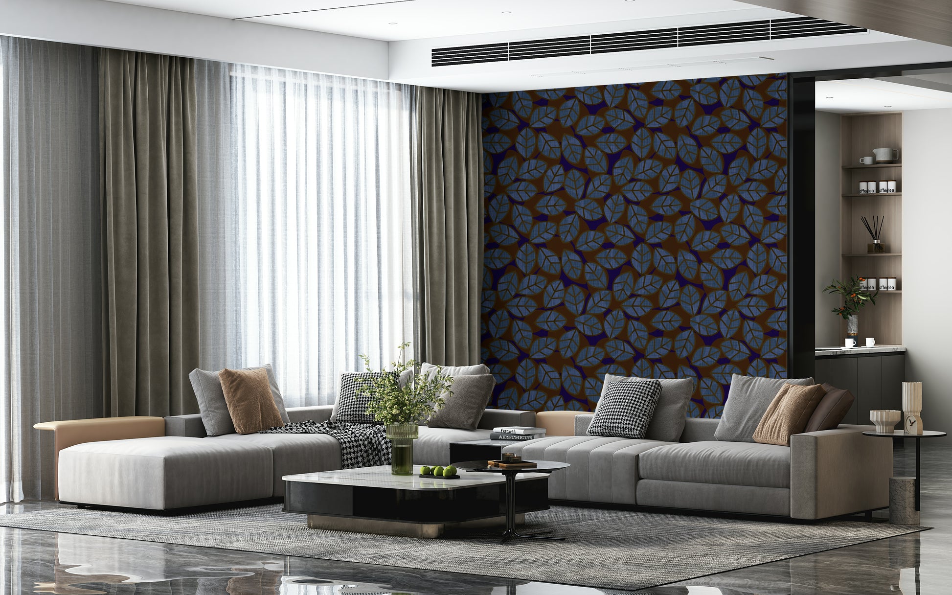 Moody leaf-patterned wallpaper in dark tones for bedrooms, living rooms, or offices.