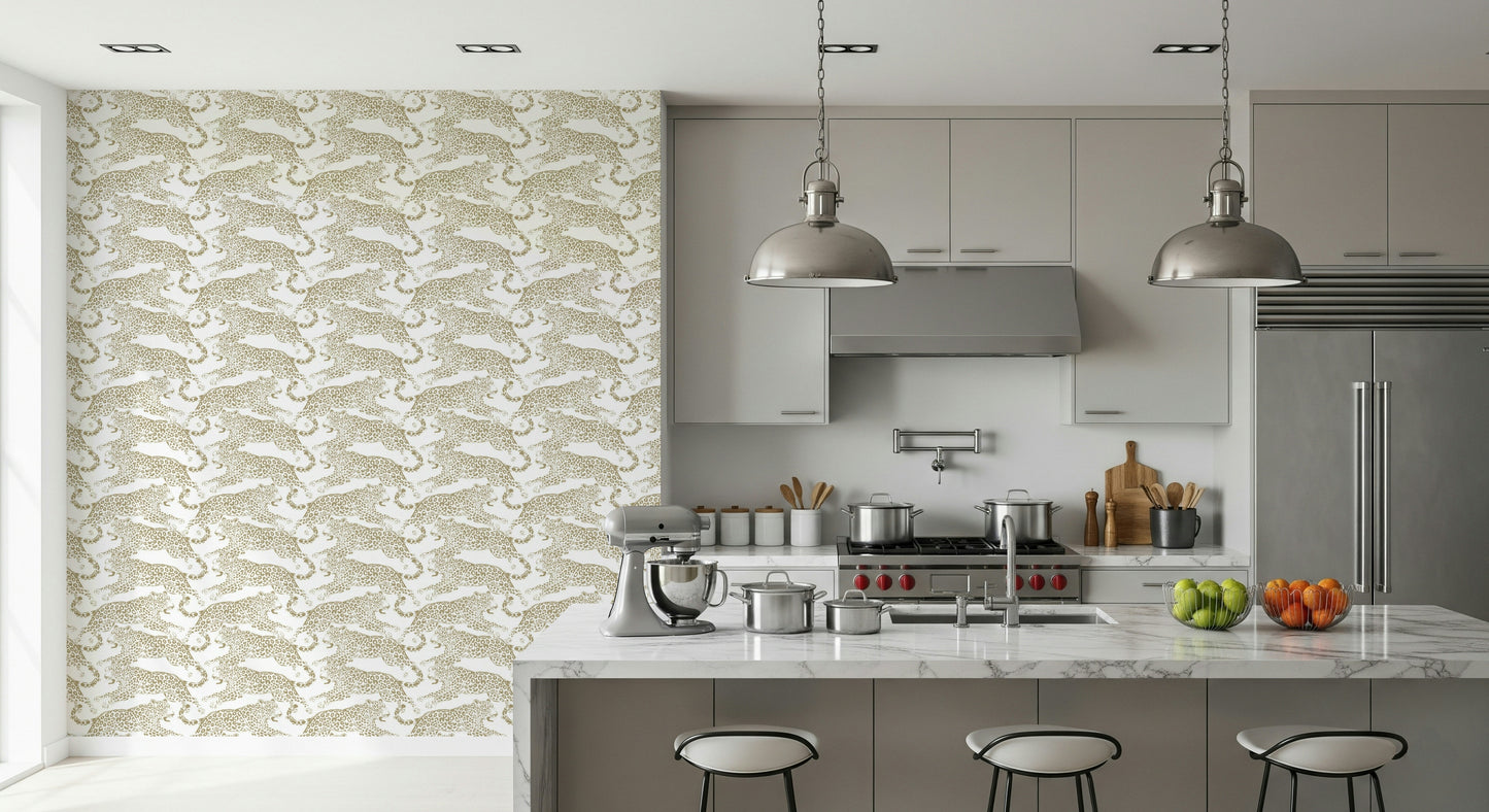 Golden spotted wallpaper inspired by leopard patterns for modern, chic interiors.