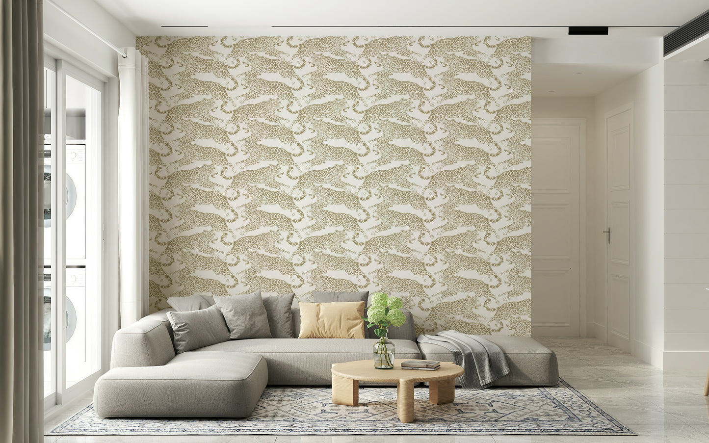 Glamorous golden leopard spot wallpaper adding texture and style to home decor.