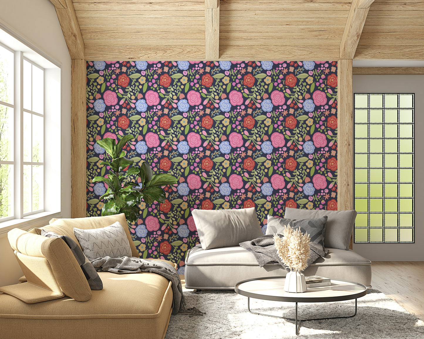 Bloomscape spring flowers wallpaper perfect for brightening bedrooms or living rooms.