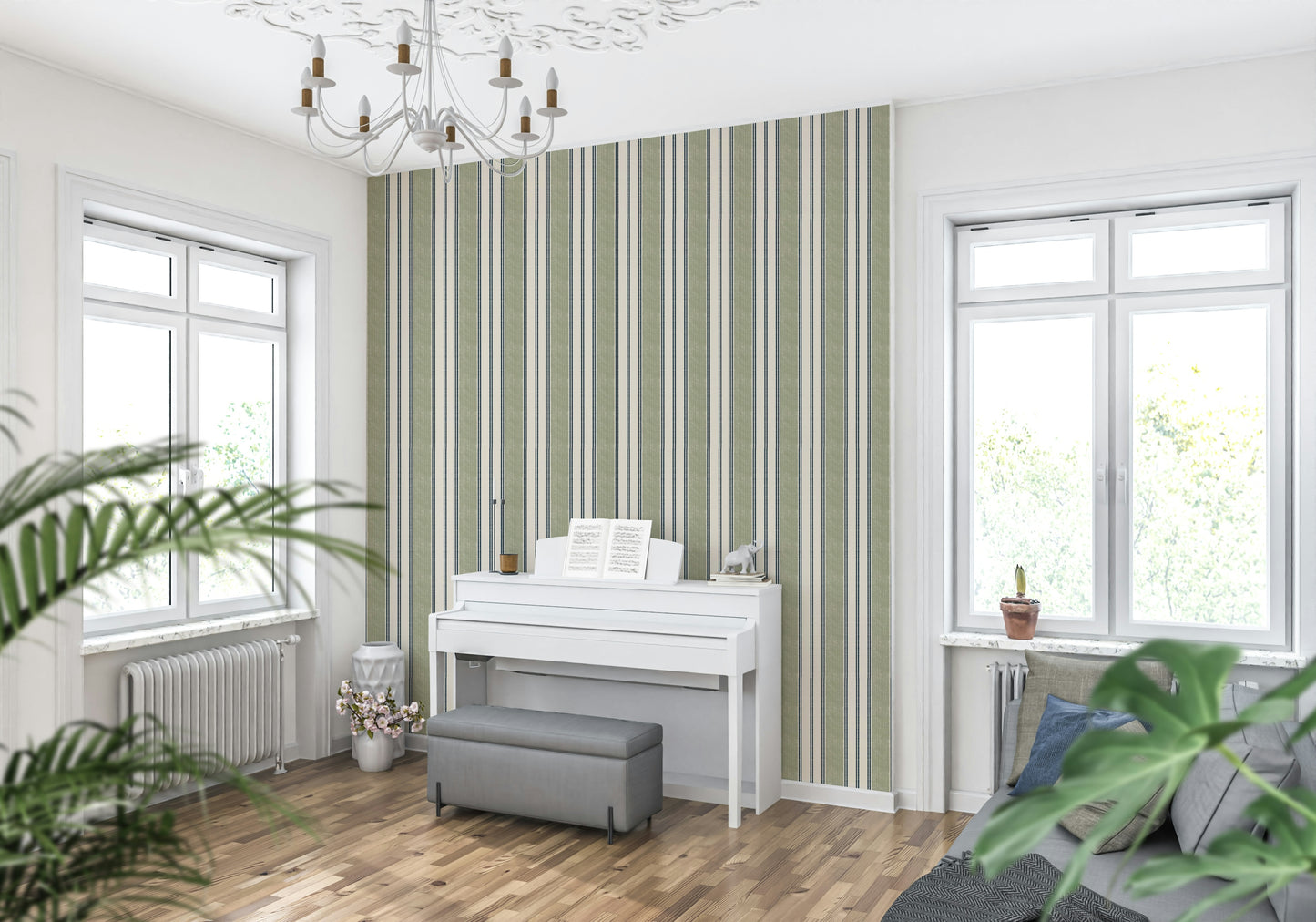 Green ticking stripes wallpaper with a chic Grandmillennial aesthetic for cozy spaces.