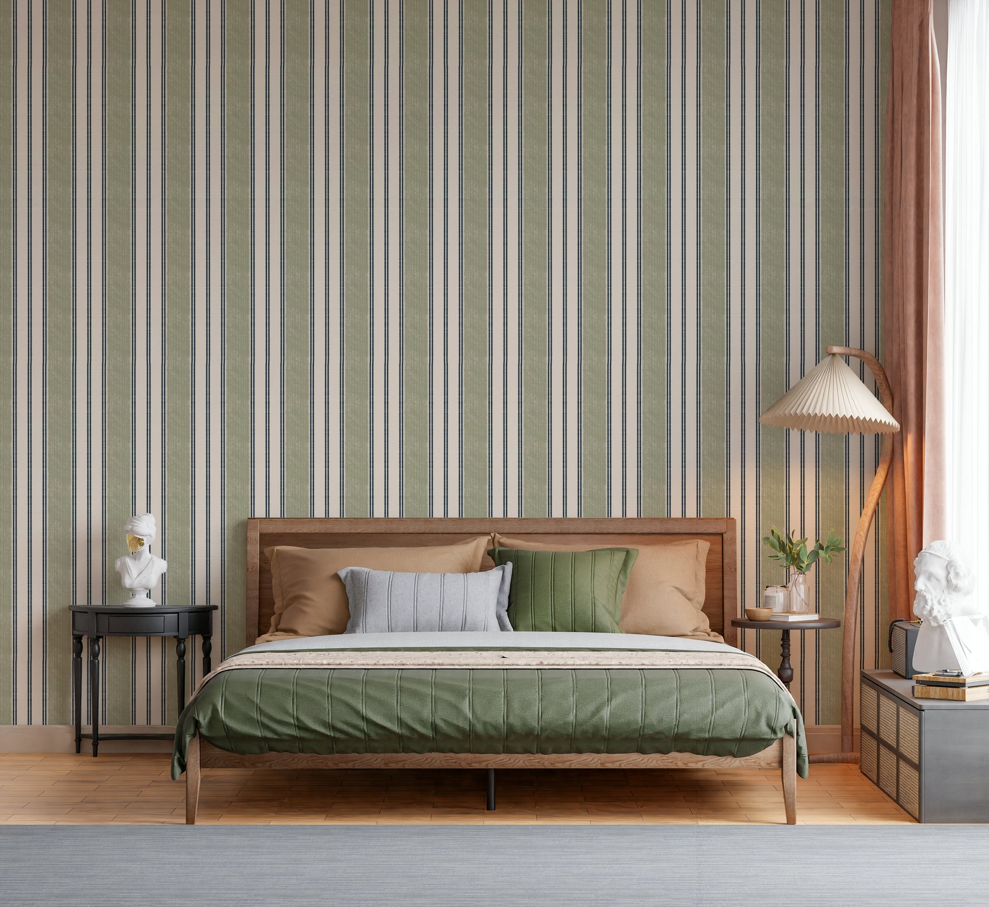 Green ticking stripe wall mural combining heritage charm with contemporary style.