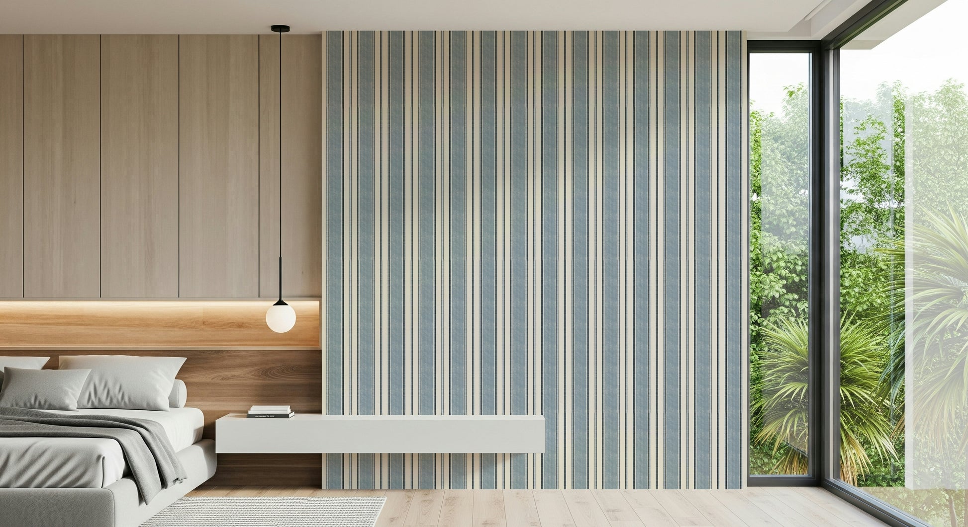 Nautical Stripe Calm Wallpaper with soft blue and white stripes for serene wall decor.