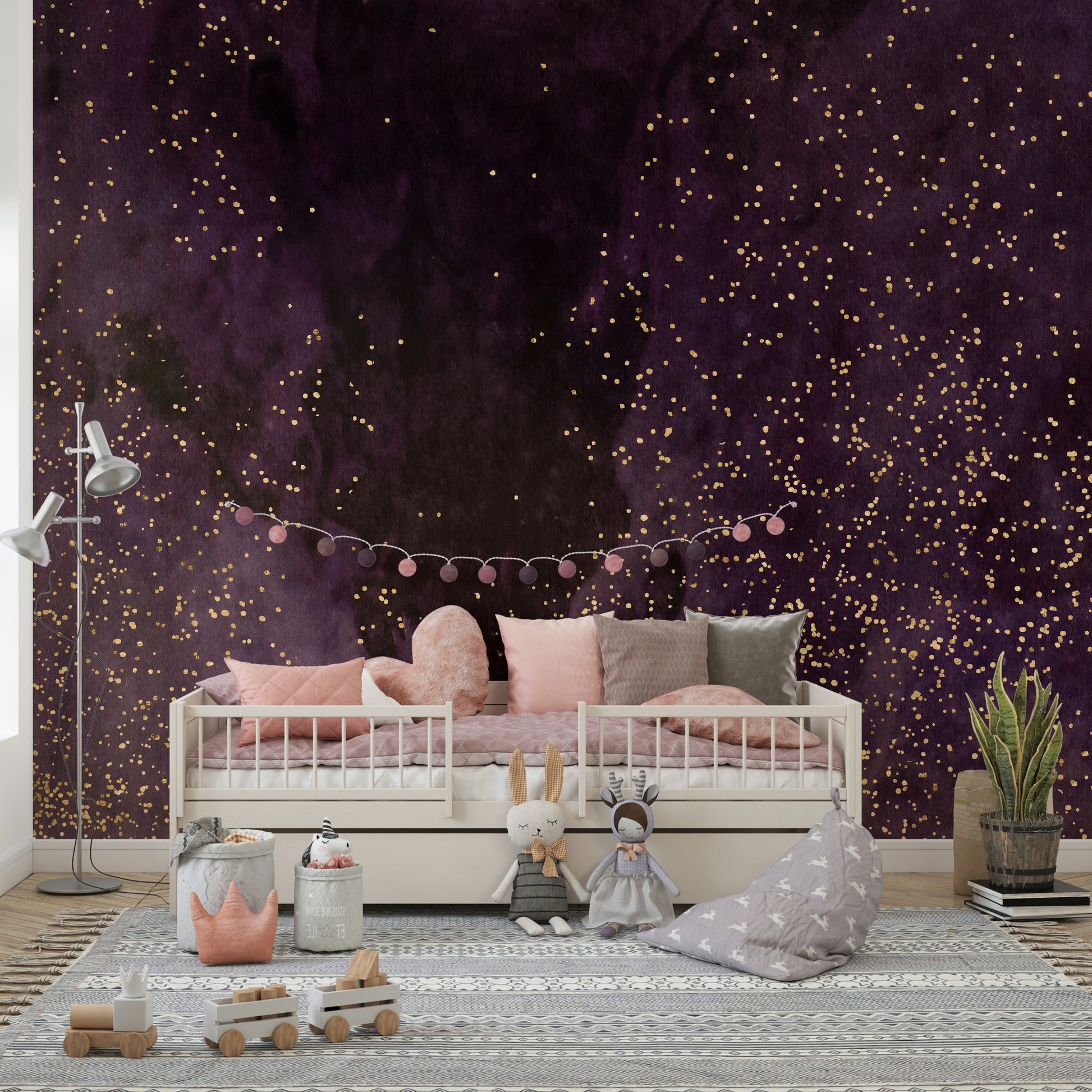 Aubergine Galaxy Wall Mural – Deep purple and violet cosmic design with twinkling stars and swirling nebula, perfect for modern home interiors.