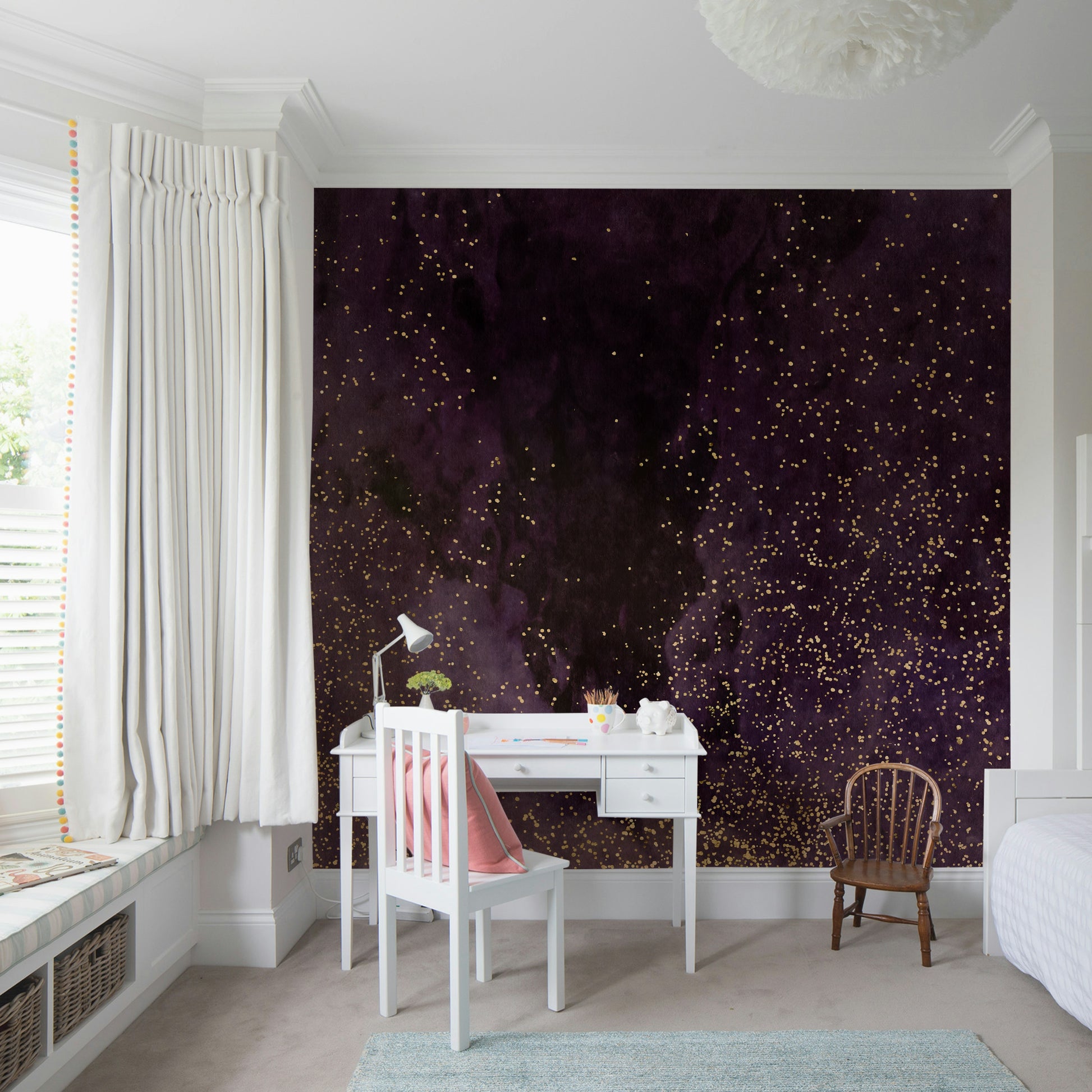 Cosmic Aubergine Wall Mural – Abstract galaxy artwork with rich violet and magenta tones, creating a celestial ambiance.