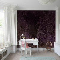 Cosmic Aubergine Wall Mural – Abstract galaxy artwork with rich violet and magenta tones, creating a celestial ambiance.