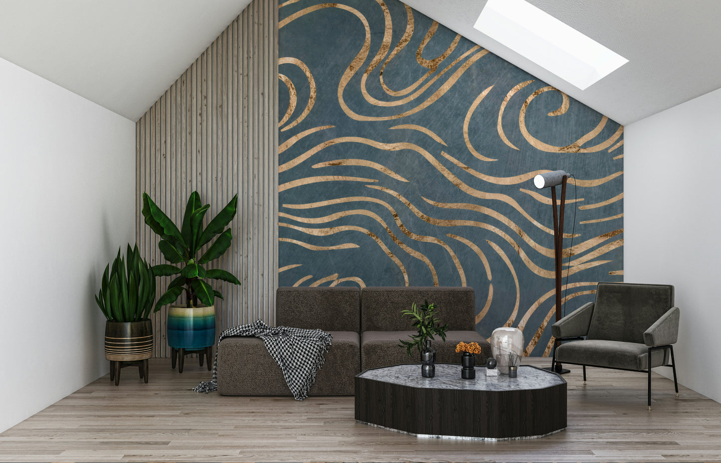 Japanese Waves - Petrol and Gold Wall Mural