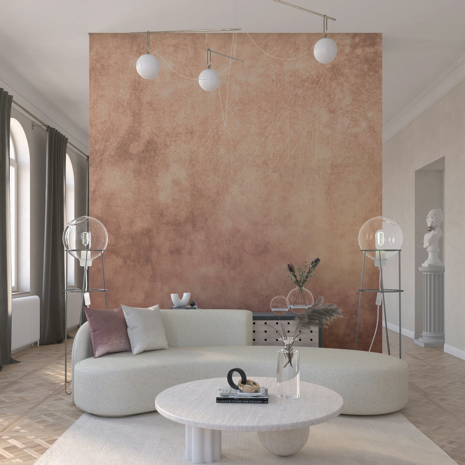 Wall mural depicting gentle peach watercolor textures with earthy, natural tones.