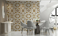 Modern geometric wall mural with layered triangles in shimmering golden and neutral shades.