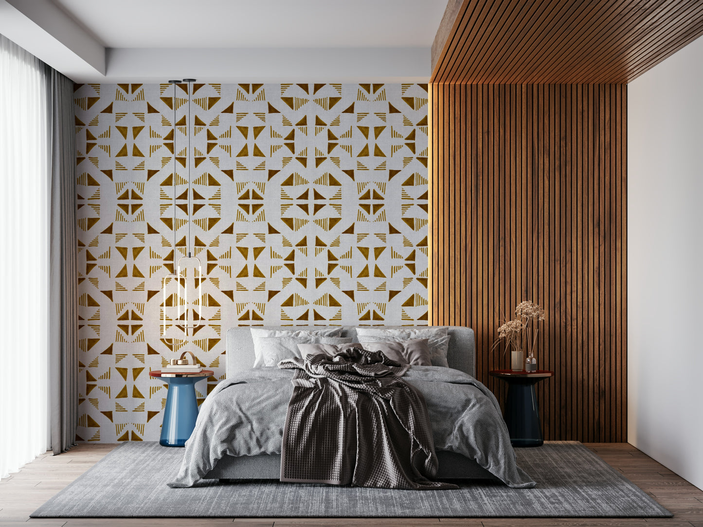 Triangles design wallpaper with warm gold, amber, and cream tones for elegant interiors.
