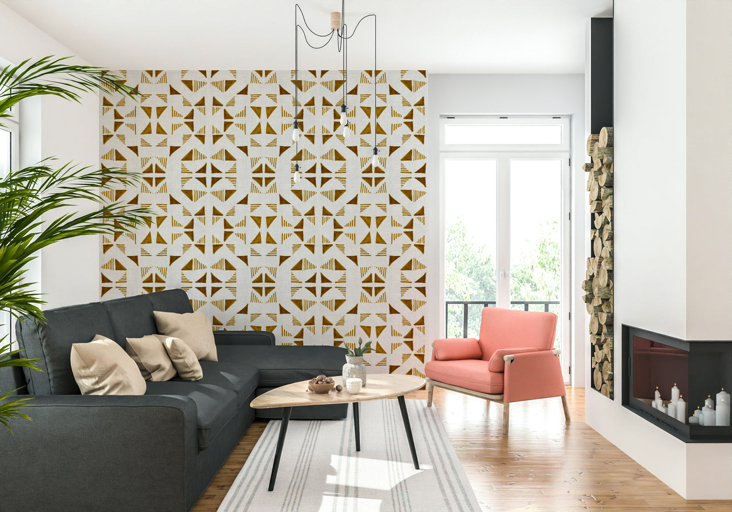 Abstract triangle pattern wallpaper in metallic gold hues for a luxurious, contemporary look.