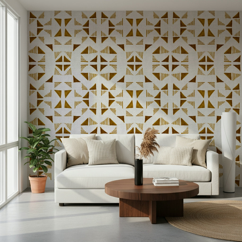 Stylish abstract triangle mural in gold, bronze, and cream shades for modern home decor.