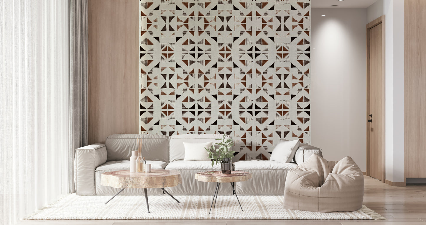 Contemporary wood-pattern wallpaper with interlocking triangle shapes for a modern interior look.