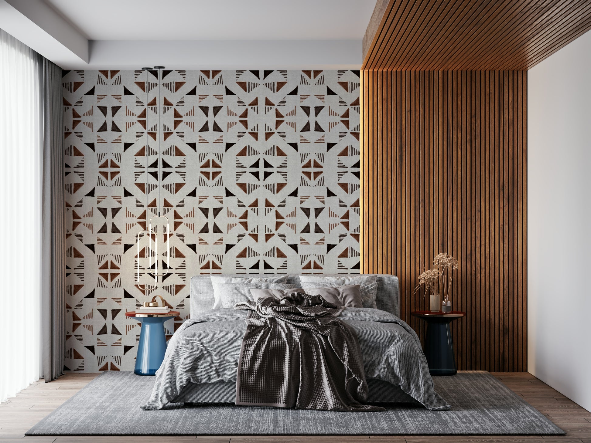 3D-effect triangle wood wallpaper featuring mixed shades of oak, walnut, and pine tones.