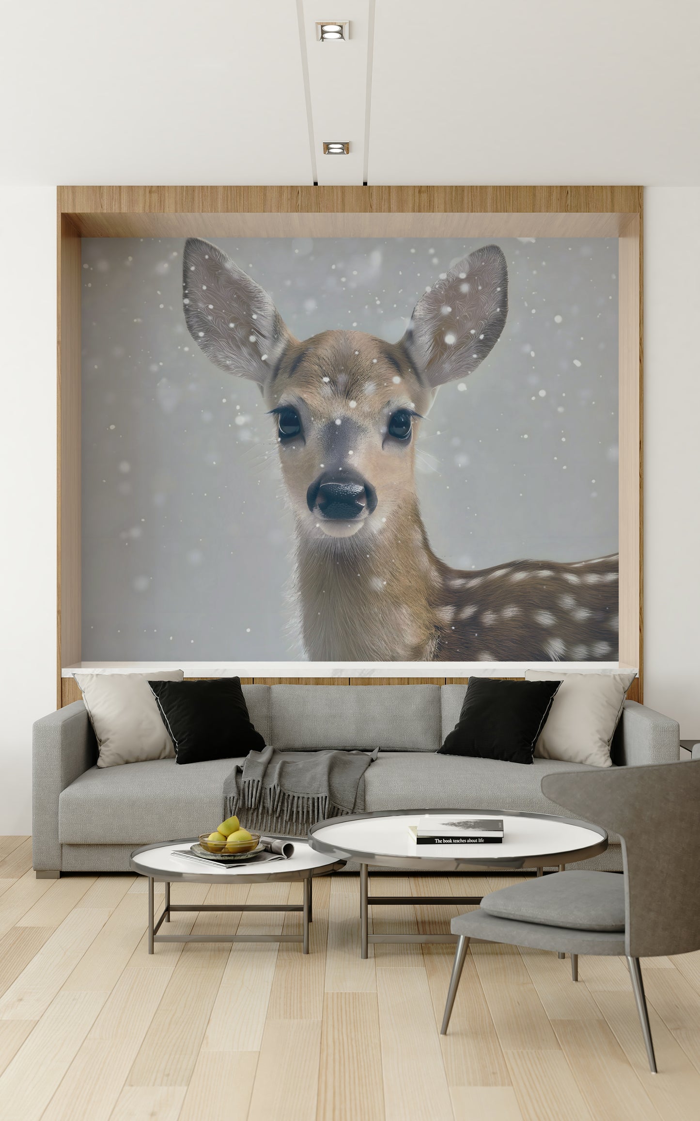 Wall mural with a gentle fawn and frosty winter scenery for a peaceful atmosphere.