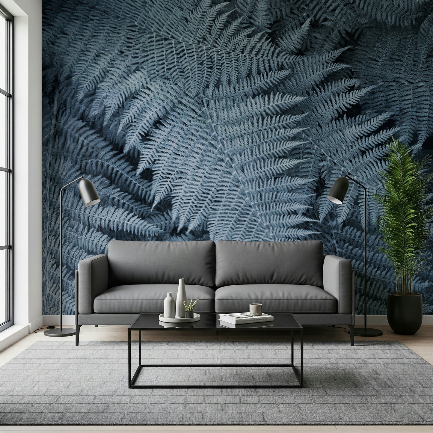 Wall mural depicting frosted fern leaves in soft green and white tones.