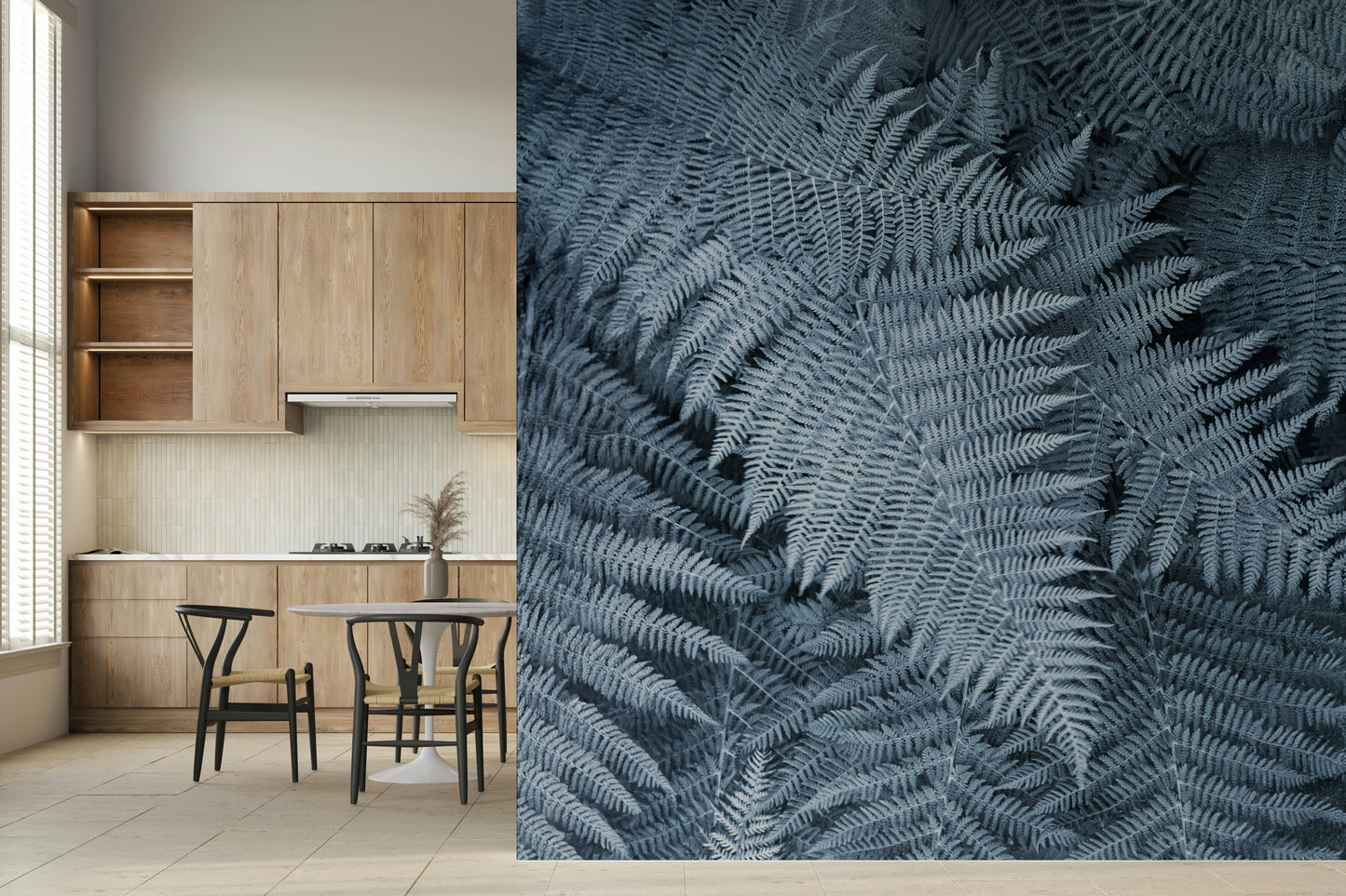 Decorative wall mural showcasing lush green ferns with a frosted, wintery effect.