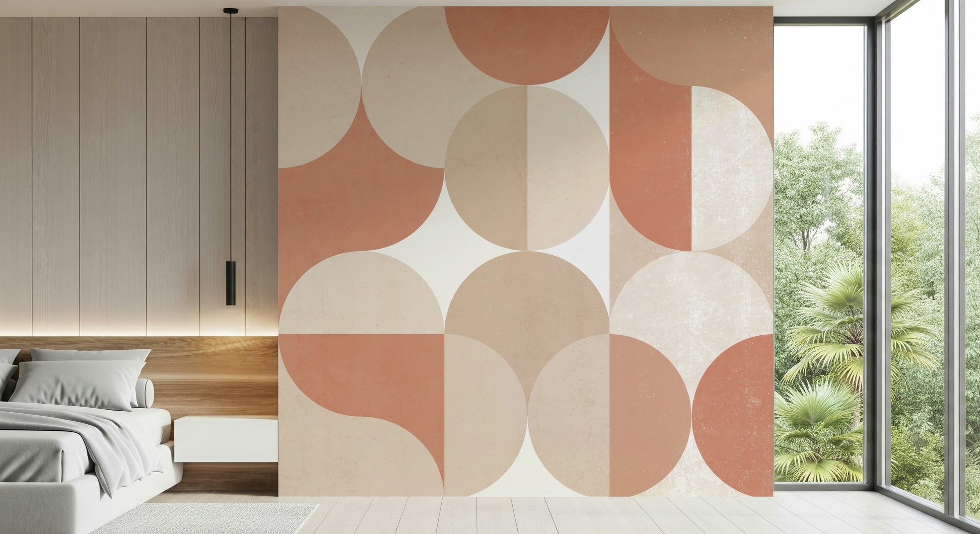 Wall mural with gentle warm-toned circles creating a minimalist, contemporary look.