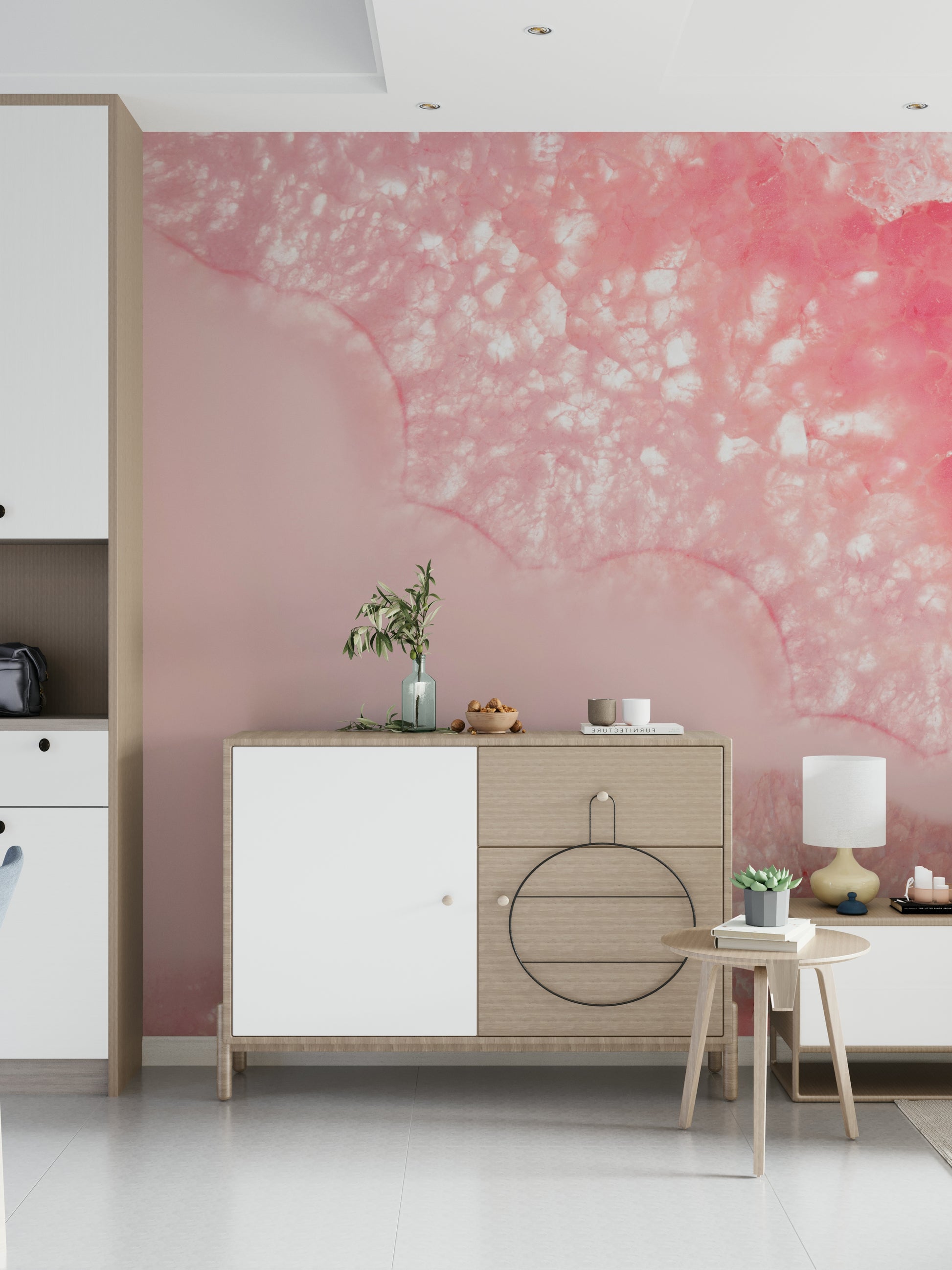 Decorative mural featuring soft blossom petals and luminous crystal-inspired accents.