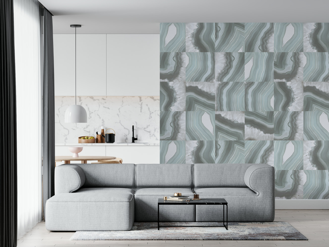 Mint Marble Agate Serenity Wall Mural featuring swirling mint and white marble patterns with serene agate textures.