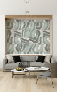 Decorative mural featuring soft green and white marble textures with natural agate flow.
