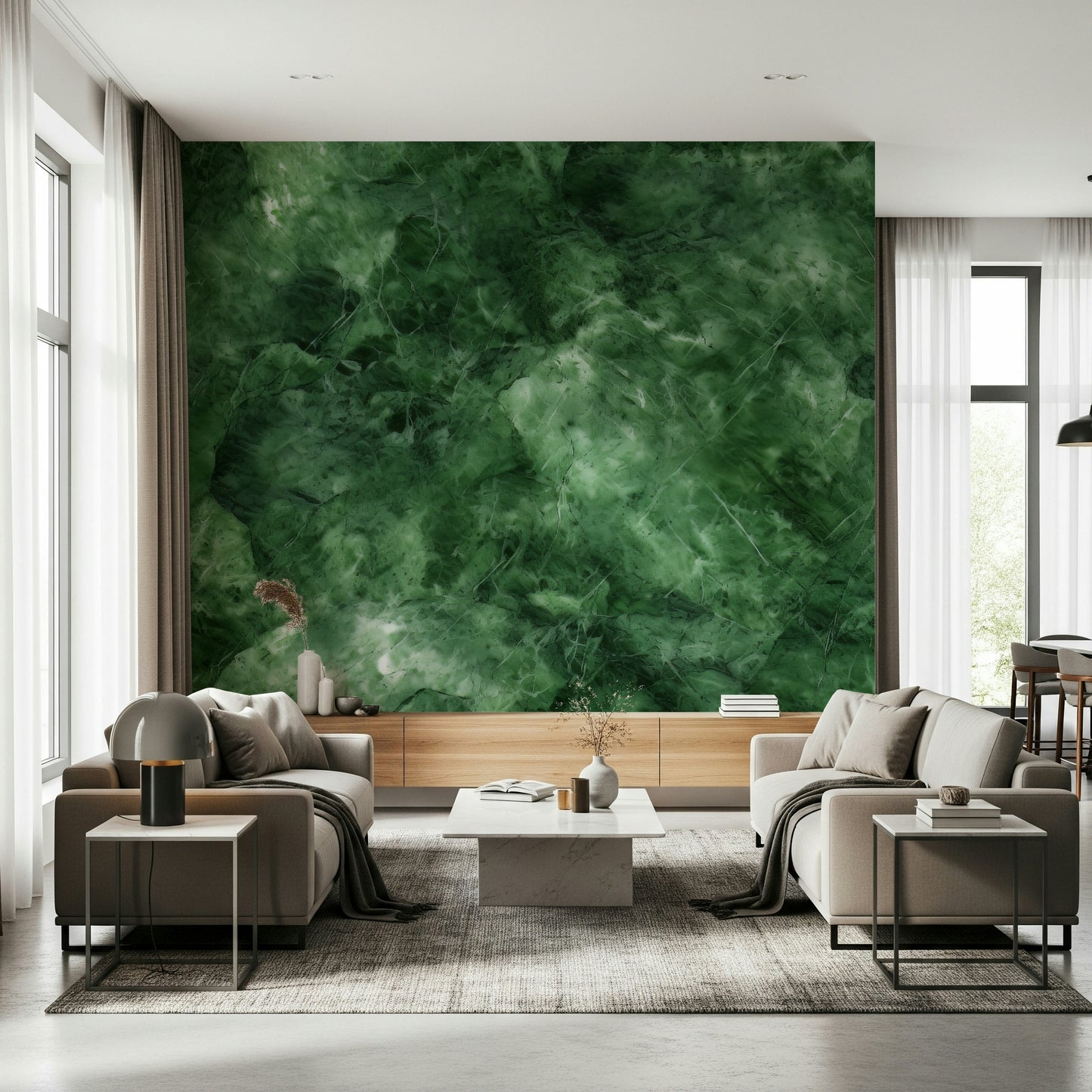 Emerald Veins Wall Mural featuring deep green marble textures with natural vein patterns.